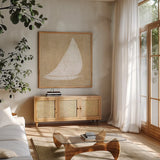 Driftwood Coast I White Burlap by Sue Schlabach. Shown in a natural wood frame in a cozy modern living room. Available as an archival giclee rolled canvas, fine art paper, or poster print. SKU 61116a.