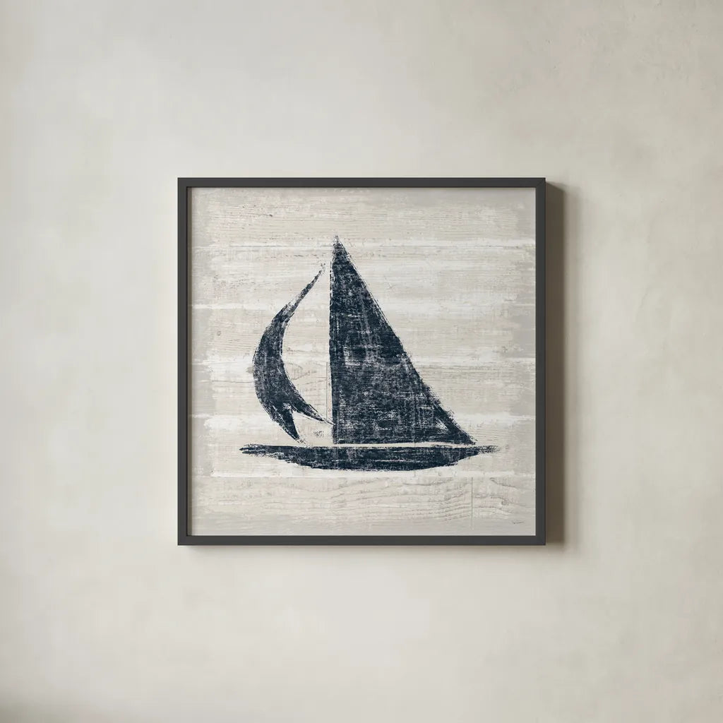 Driftwood Coast II Blue by Sue Schlabach. Shown in a sleek black glass frame for a contemporary gallery look. Available as an archival giclee rolled canvas, fine art paper, or poster print. SKU 62599a.