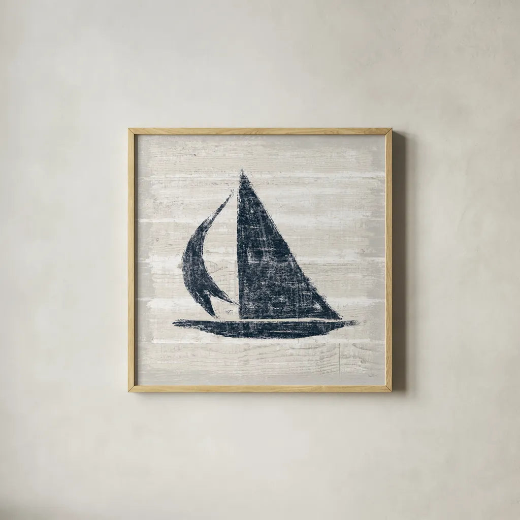 Driftwood Coast II Blue by Sue Schlabach. Shown in a natural wood glass frame for a timeless modern aesthetic. Available as an archival giclee rolled canvas, fine art paper, or poster print. SKU 62599a.