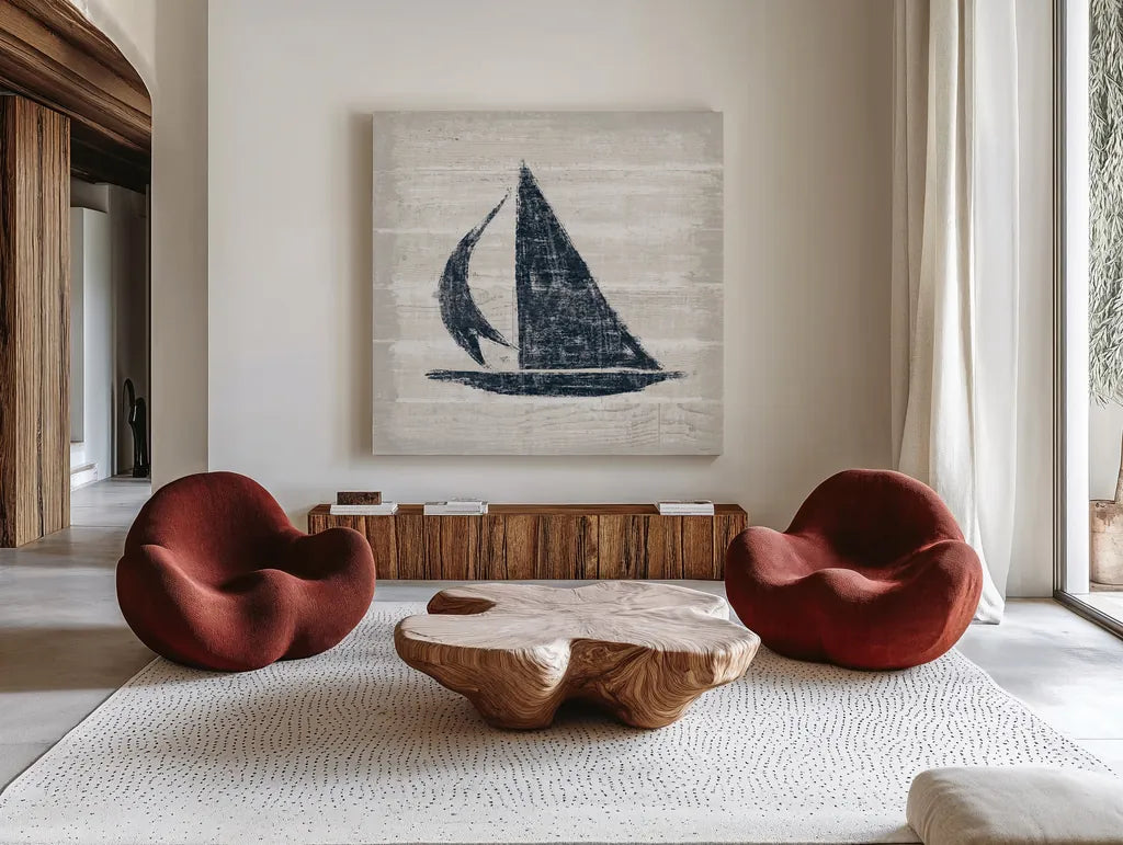 Driftwood Coast II Blue by Sue Schlabach. Shown as extra-large giant wall art in a modern living room. Available as an archival giclee rolled canvas, fine art paper, or poster print. SKU 62599a.