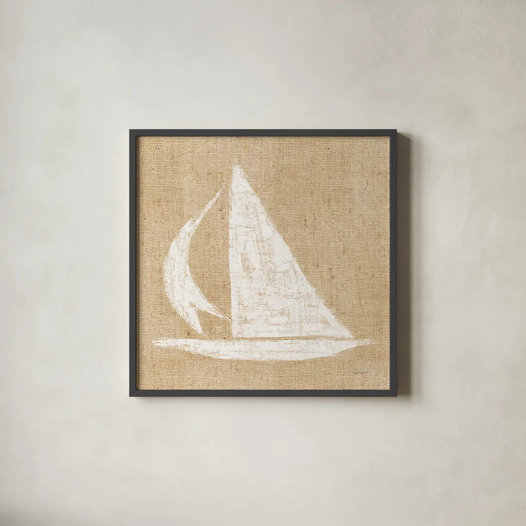 Driftwood Coast II White Burlap by Sue Schlabach. Shown in a sleek black glass frame for a contemporary gallery look. Available as an archival giclee rolled canvas, fine art paper, or poster print. SKU 61117a.