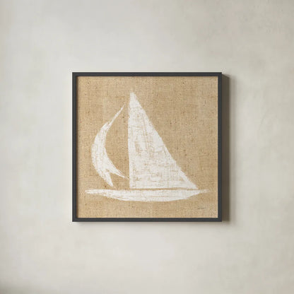 Driftwood Coast II White Burlap by Sue Schlabach. Shown in a sleek black glass frame for a contemporary gallery look. Available as an archival giclee rolled canvas, fine art paper, or poster print. SKU 61117a.
