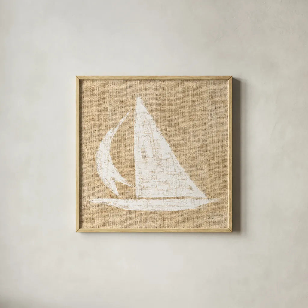 Driftwood Coast II White Burlap by Sue Schlabach. Shown in a natural wood glass frame for a timeless modern aesthetic. Available as an archival giclee rolled canvas, fine art paper, or poster print. SKU 61117a.