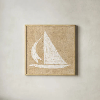 Driftwood Coast II White Burlap by Sue Schlabach. Shown in a natural wood glass frame for a timeless modern aesthetic. Available as an archival giclee rolled canvas, fine art paper, or poster print. SKU 61117a.