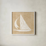 Driftwood Coast II White Burlap by Sue Schlabach. Shown in a crisp white glass frame for a clean and minimalist style. Available as an archival giclee rolled canvas, fine art paper, or poster print. SKU 61117a.
