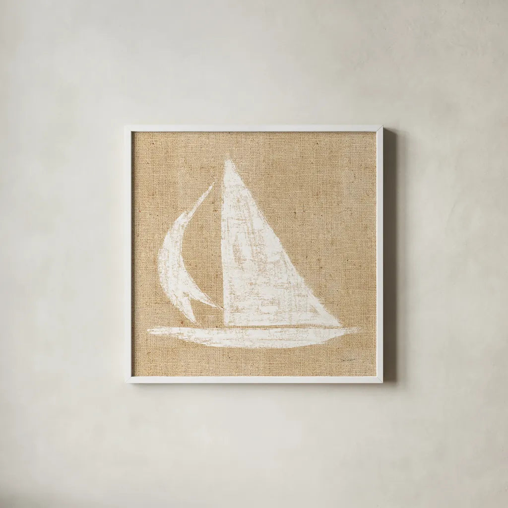 Driftwood Coast II White Burlap by Sue Schlabach. Shown in a crisp white glass frame for a clean and minimalist style. Available as an archival giclee rolled canvas, fine art paper, or poster print. SKU 61117a.