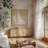 Driftwood Coast II White Burlap by Sue Schlabach. Shown in a natural wood frame in a cozy modern living room. Available as an archival giclee rolled canvas, fine art paper, or poster print. SKU 61117a.