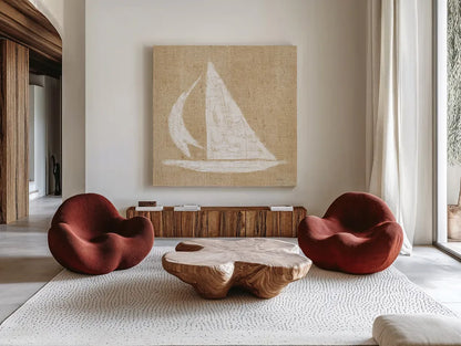 Driftwood Coast II White Burlap by Sue Schlabach. Shown as extra-large giant wall art in a modern living room. Available as an archival giclee rolled canvas, fine art paper, or poster print. SKU 61117a.