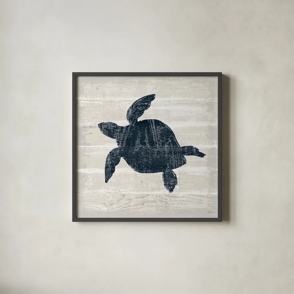 Driftwood Coast III Blue by Sue Schlabach. Shown in a sleek black glass frame for a contemporary gallery look. Available as an archival giclee rolled canvas, fine art paper, or poster print. SKU 62600a.