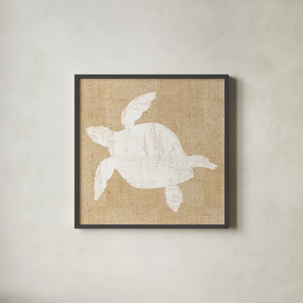 Driftwood Coast III White Burlap by Sue Schlabach. Shown in a sleek black glass frame for a contemporary gallery look. Available as an archival giclee rolled canvas, fine art paper, or poster print. SKU 61118a.