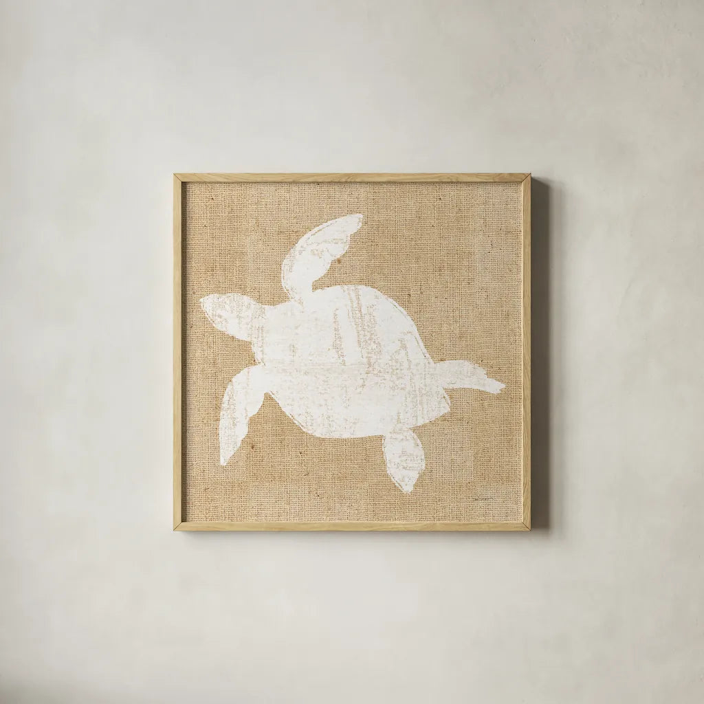 Driftwood Coast III White Burlap by Sue Schlabach. Shown in a natural wood glass frame for a timeless modern aesthetic. Available as an archival giclee rolled canvas, fine art paper, or poster print. SKU 61118a.