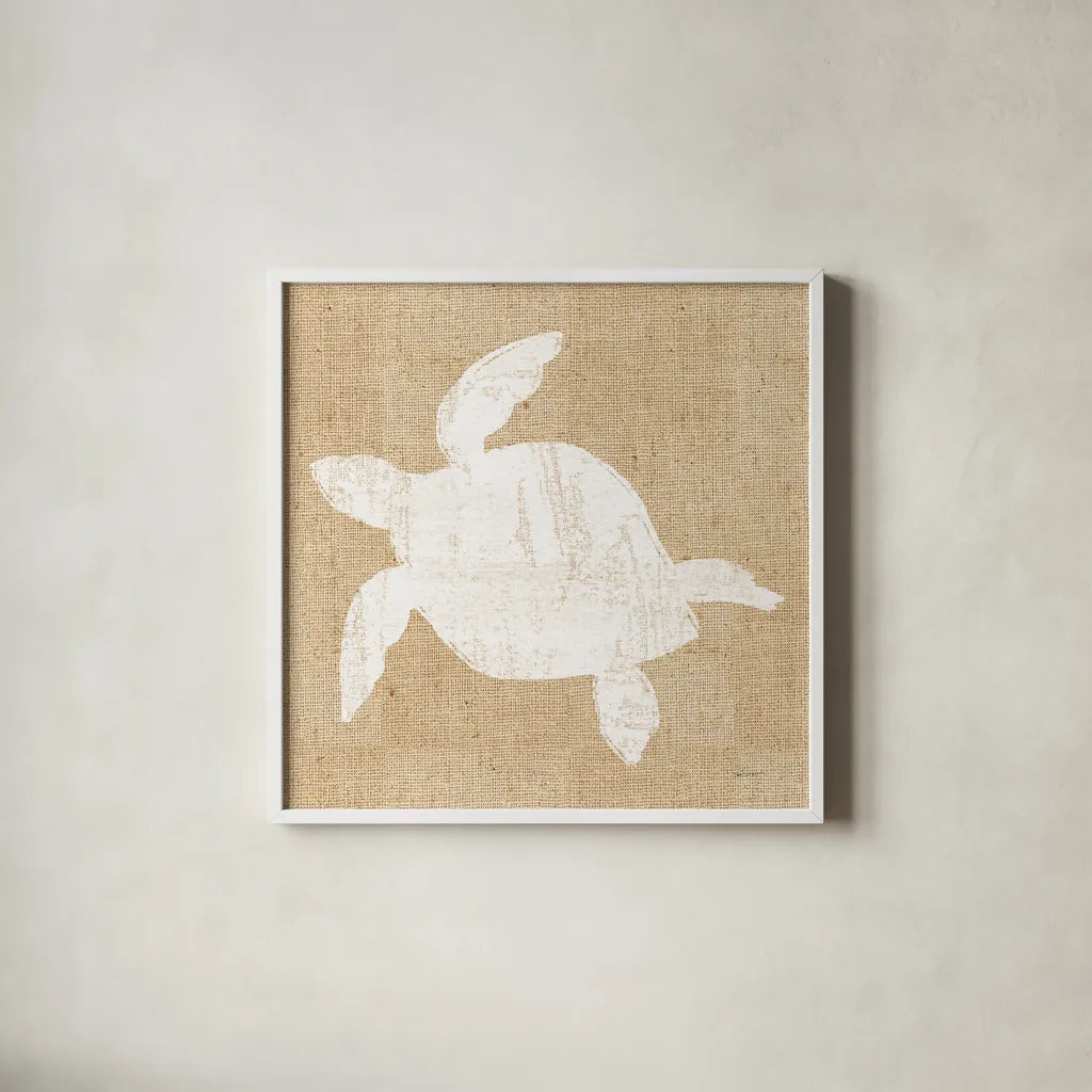 Driftwood Coast III White Burlap by Sue Schlabach. Shown in a crisp white glass frame for a clean and minimalist style. Available as an archival giclee rolled canvas, fine art paper, or poster print. SKU 61118a.