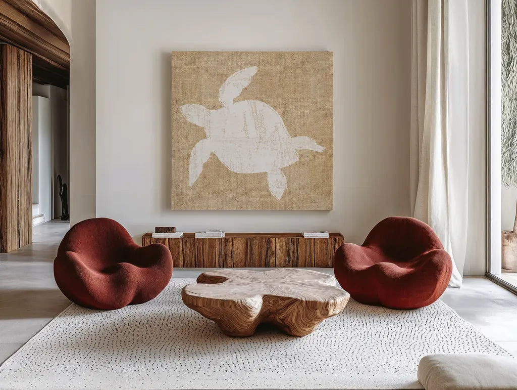 Driftwood Coast III White Burlap by Sue Schlabach. Shown as extra-large giant wall art in a modern living room. Available as an archival giclee rolled canvas, fine art paper, or poster print. SKU 61118a.