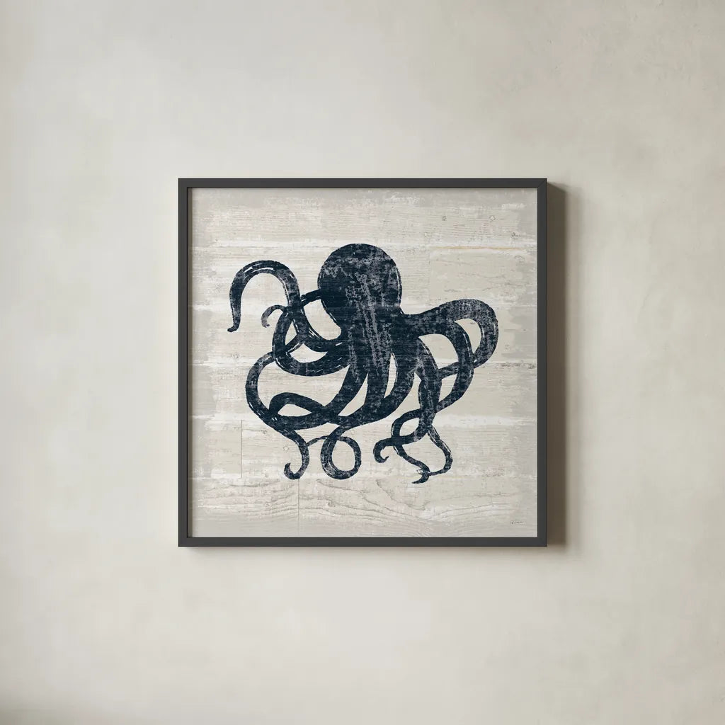 Driftwood Coast IV Blue by Sue Schlabach. Shown in a sleek black glass frame for a contemporary gallery look. Available as an archival giclee rolled canvas, fine art paper, or poster print. SKU 62601a.