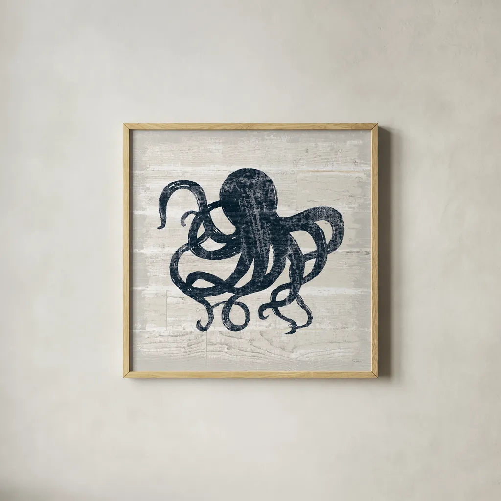 Driftwood Coast IV Blue by Sue Schlabach. Shown in a natural wood glass frame for a timeless modern aesthetic. Available as an archival giclee rolled canvas, fine art paper, or poster print. SKU 62601a.