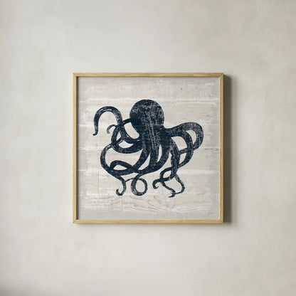 Driftwood Coast IV Blue by Sue Schlabach. Shown in a natural wood glass frame for a timeless modern aesthetic. Available as an archival giclee rolled canvas, fine art paper, or poster print. SKU 62601a.