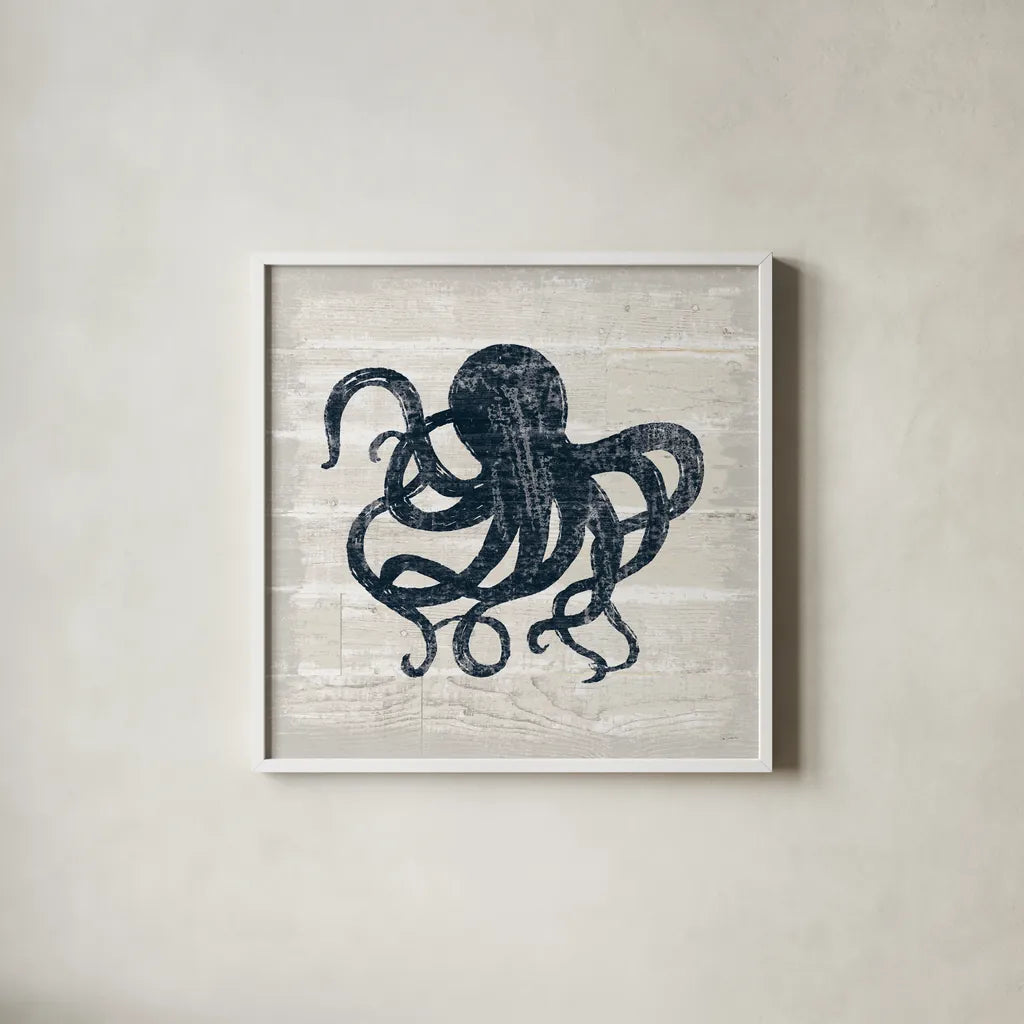 Driftwood Coast IV Blue by Sue Schlabach. Shown in a crisp white glass frame for a clean and minimalist style. Available as an archival giclee rolled canvas, fine art paper, or poster print. SKU 62601a.