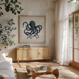 Driftwood Coast IV Blue by Sue Schlabach. Shown in a natural wood frame in a cozy modern living room. Available as an archival giclee rolled canvas, fine art paper, or poster print. SKU 62601a.