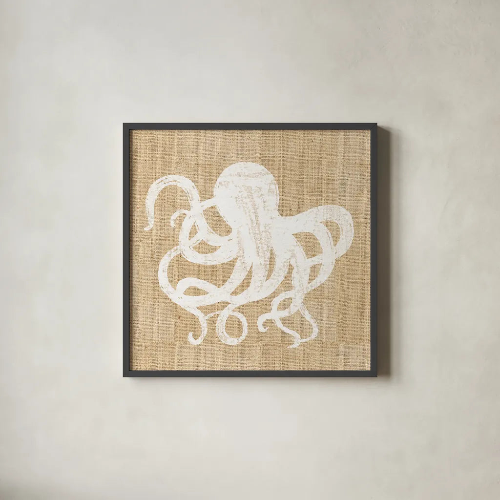 Driftwood Coast IV White Burlap by Sue Schlabach. Shown in a sleek black glass frame for a contemporary gallery look. Available as an archival giclee rolled canvas, fine art paper, or poster print. SKU 61119a.