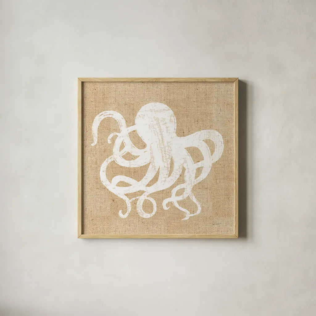 Driftwood Coast IV White Burlap by Sue Schlabach. Shown in a natural wood glass frame for a timeless modern aesthetic. Available as an archival giclee rolled canvas, fine art paper, or poster print. SKU 61119a.