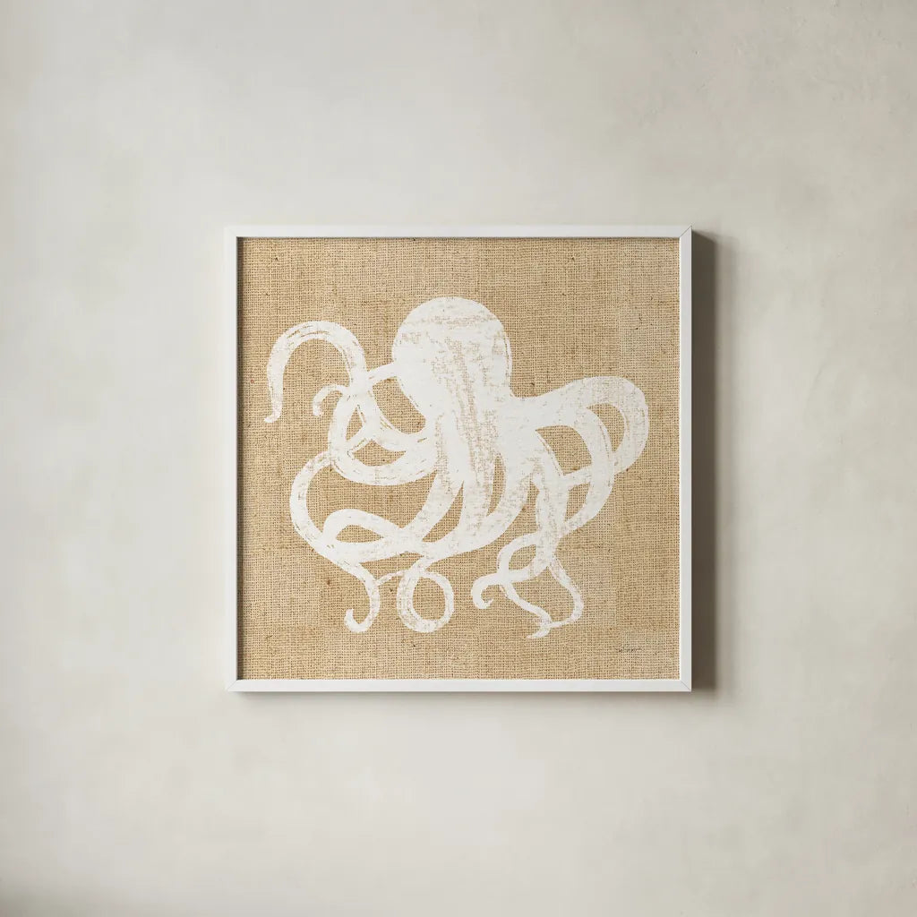 Driftwood Coast IV White Burlap by Sue Schlabach. Shown in a crisp white glass frame for a clean and minimalist style. Available as an archival giclee rolled canvas, fine art paper, or poster print. SKU 61119a.