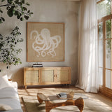 Driftwood Coast IV White Burlap by Sue Schlabach. Shown in a natural wood frame in a cozy modern living room. Available as an archival giclee rolled canvas, fine art paper, or poster print. SKU 61119a.