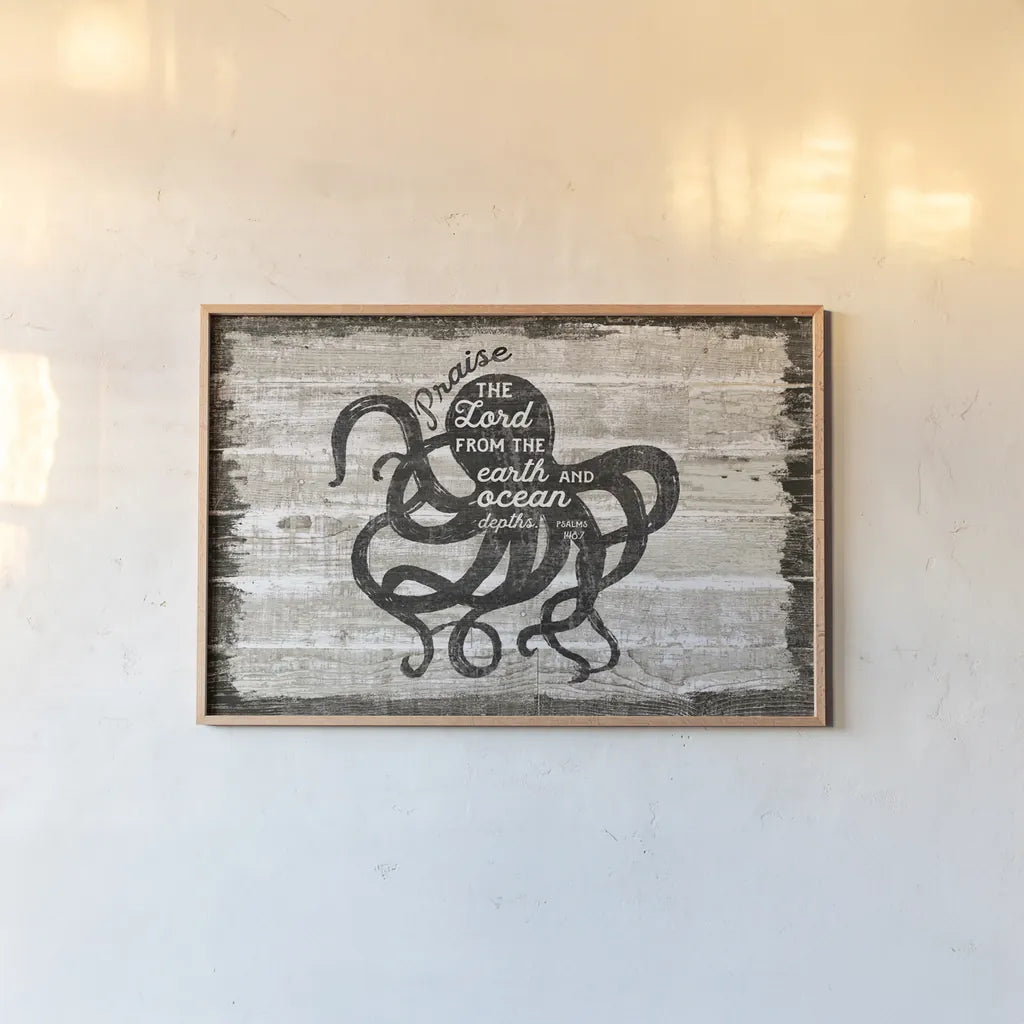 Driftwood Coast Scripture IV by Sue Schlabach. shown as a paper print in a natural frame. Available as a archival giclee rolled canvas, fine art paper, or poster print. SKU 48735i.