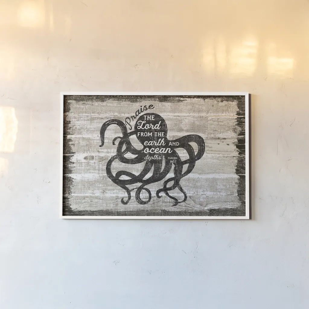 Driftwood Coast Scripture IV by Sue Schlabach. shown as a paper print in a white frame. Available as a archival giclee rolled canvas, fine art paper, or poster print. SKU 48735i.