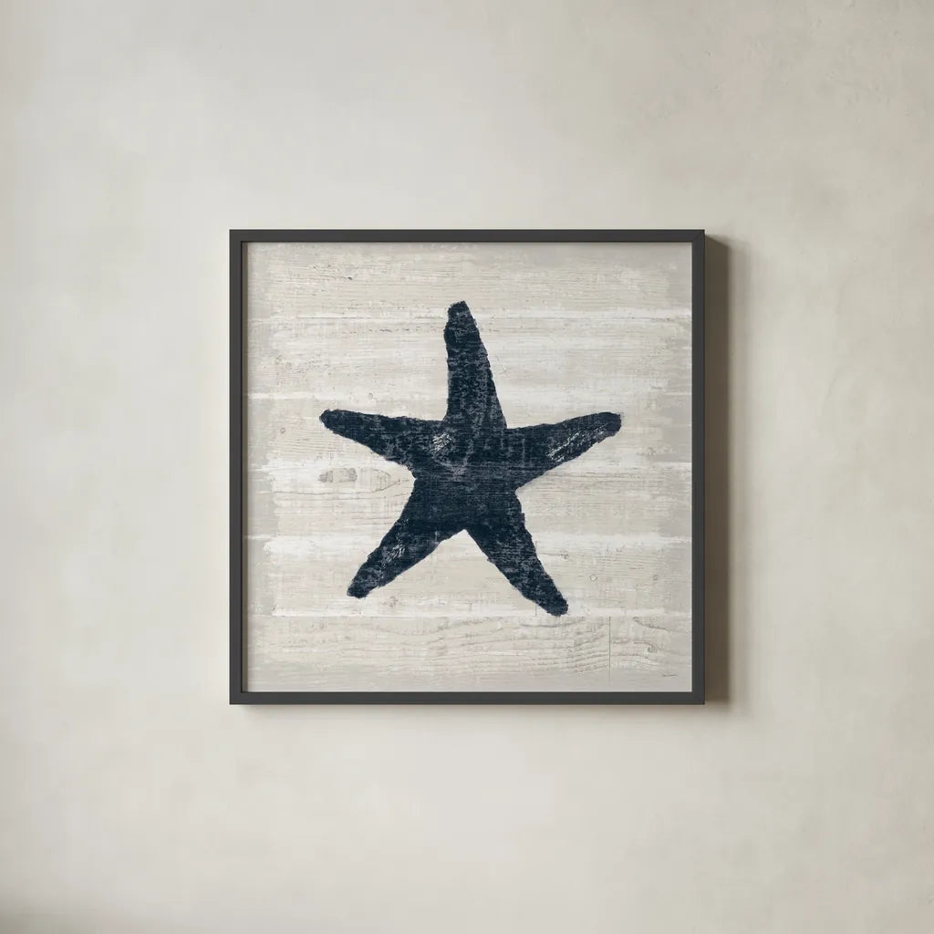 Driftwood Coast V Blue by Sue Schlabach. Shown in a sleek black glass frame for a contemporary gallery look. Available as an archival giclee rolled canvas, fine art paper, or poster print. SKU 62602a.