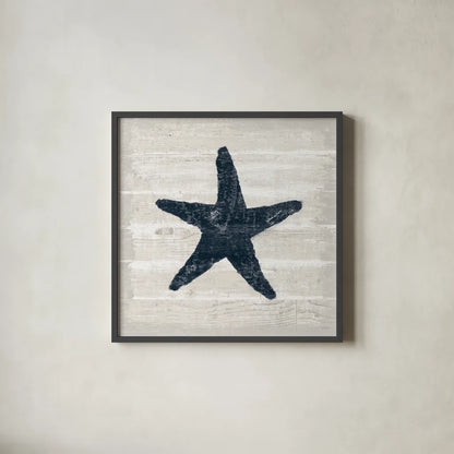 Driftwood Coast V Blue by Sue Schlabach. Shown in a sleek black glass frame for a contemporary gallery look. Available as an archival giclee rolled canvas, fine art paper, or poster print. SKU 62602a.