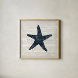 Driftwood Coast V Blue by Sue Schlabach. Shown in a natural wood glass frame for a timeless modern aesthetic. Available as an archival giclee rolled canvas, fine art paper, or poster print. SKU 62602a.