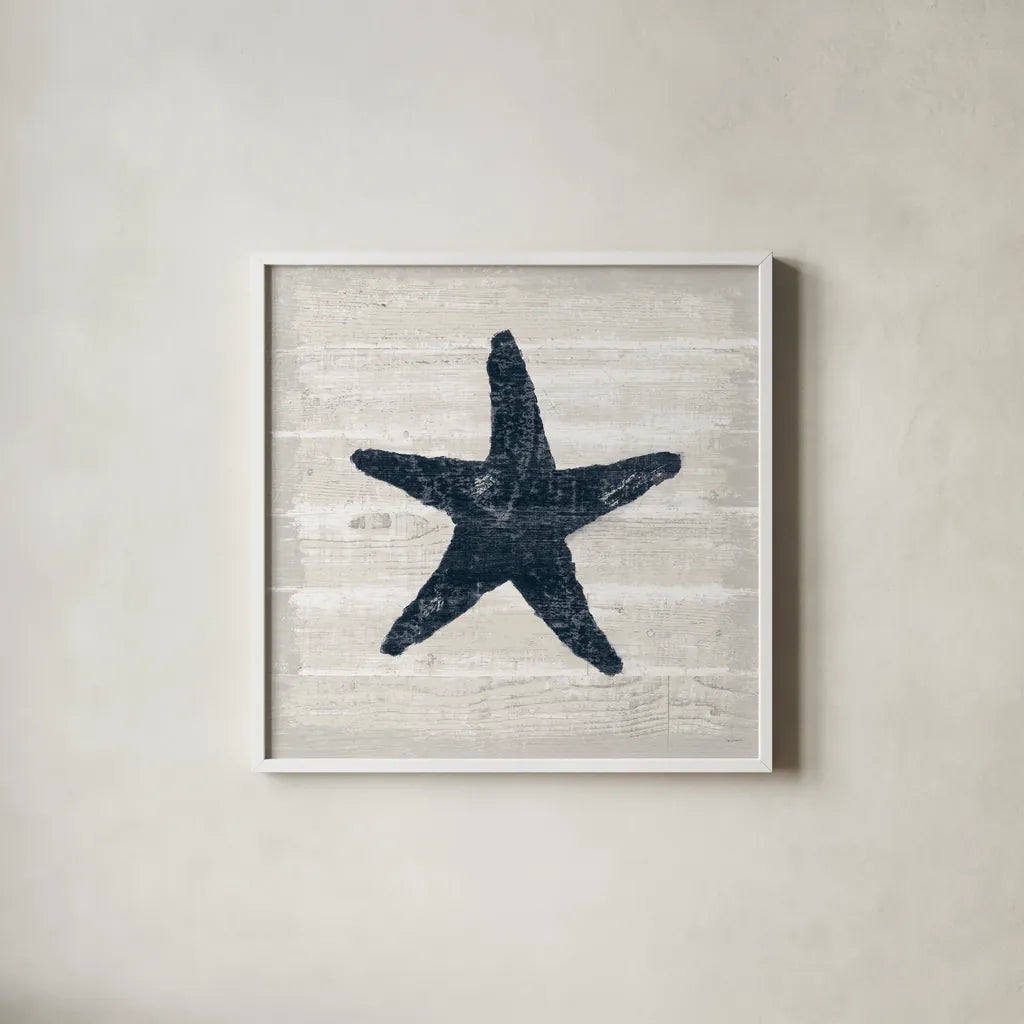 Driftwood Coast V Blue by Sue Schlabach. Shown in a crisp white glass frame for a clean and minimalist style. Available as an archival giclee rolled canvas, fine art paper, or poster print. SKU 62602a.