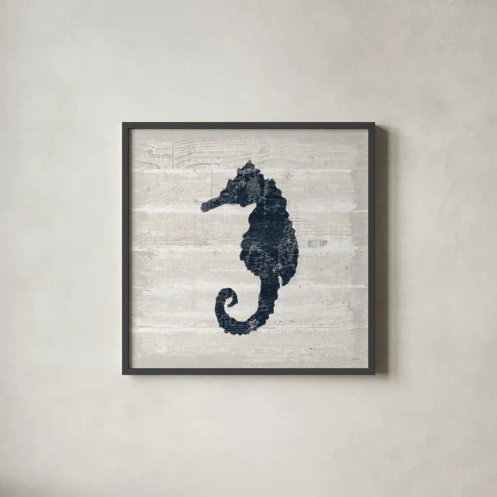 Driftwood Coast VI Blue by Sue Schlabach. Shown in a sleek black glass frame for a contemporary gallery look. Available as an archival giclee rolled canvas, fine art paper, or poster print. SKU 62603a.