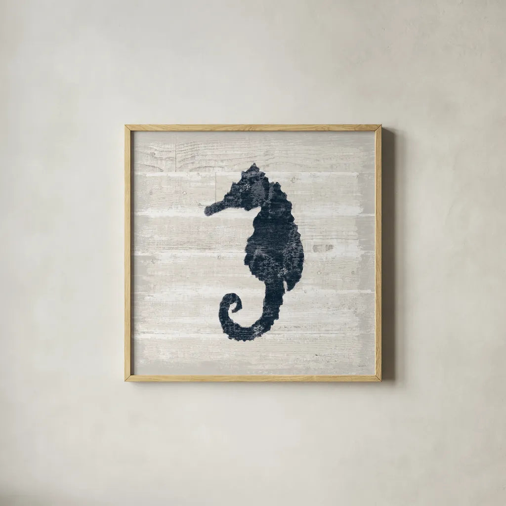 Driftwood Coast VI Blue by Sue Schlabach. Shown in a natural wood glass frame for a timeless modern aesthetic. Available as an archival giclee rolled canvas, fine art paper, or poster print. SKU 62603a.