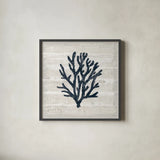 Driftwood Coast VII Blue by Sue Schlabach. Shown in a sleek black glass frame for a contemporary gallery look. Available as an archival giclee rolled canvas, fine art paper, or poster print. SKU 62604a.