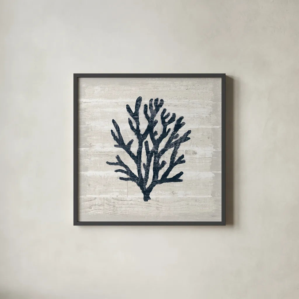 Driftwood Coast VII Blue by Sue Schlabach. Shown in a sleek black glass frame for a contemporary gallery look. Available as an archival giclee rolled canvas, fine art paper, or poster print. SKU 62604a.