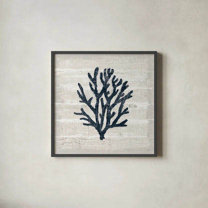 Driftwood Coast VII Blue by Sue Schlabach. Shown in a sleek black glass frame for a contemporary gallery look. Available as an archival giclee rolled canvas, fine art paper, or poster print. SKU 62604a.