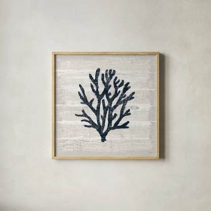 Driftwood Coast VII Blue by Sue Schlabach. Shown in a natural wood glass frame for a timeless modern aesthetic. Available as an archival giclee rolled canvas, fine art paper, or poster print. SKU 62604a.