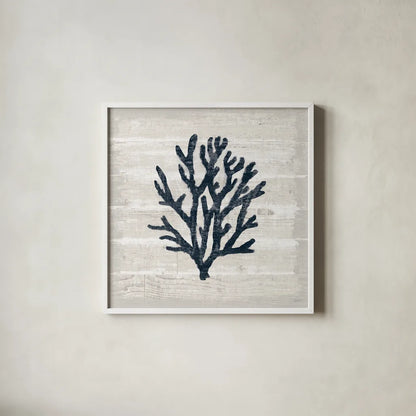 Driftwood Coast VII Blue by Sue Schlabach. Shown in a crisp white glass frame for a clean and minimalist style. Available as an archival giclee rolled canvas, fine art paper, or poster print. SKU 62604a.