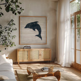 Driftwood Coast VIII Blue by Sue Schlabach. Shown in a natural wood frame in a cozy modern living room. Available as an archival giclee rolled canvas, fine art paper, or poster print. SKU 62605a.
