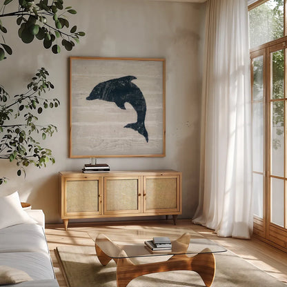 Driftwood Coast VIII Blue by Sue Schlabach. Shown in a natural wood frame in a cozy modern living room. Available as an archival giclee rolled canvas, fine art paper, or poster print. SKU 62605a.