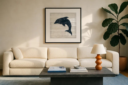 Driftwood Coast VIII Blue by Sue Schlabach. Displayed in a glass frame with matte in a clean modern living room. Available as an archival giclee rolled canvas, fine art paper, or poster print. SKU 62605a.