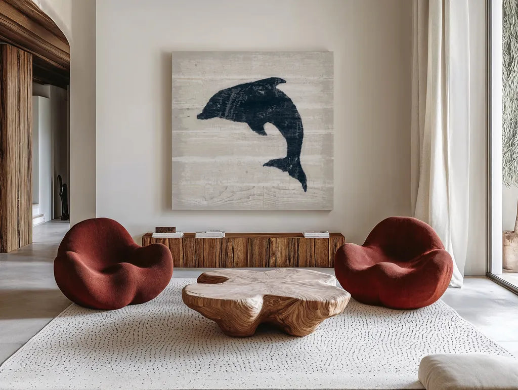 Driftwood Coast VIII Blue by Sue Schlabach. Shown as extra-large giant wall art in a modern living room. Available as an archival giclee rolled canvas, fine art paper, or poster print. SKU 62605a.
