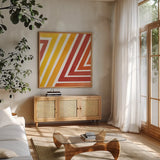 Fall Skatepark I by Sue Schlabach. Shown in a natural wood frame in a cozy modern living room. Available as an archival giclee rolled canvas, fine art paper, or poster print. SKU 70427a.