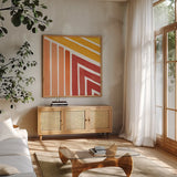 Fall Skatepark II by Sue Schlabach. Shown in a natural wood frame in a cozy modern living room. Available as an archival giclee rolled canvas, fine art paper, or poster print. SKU 70428a.