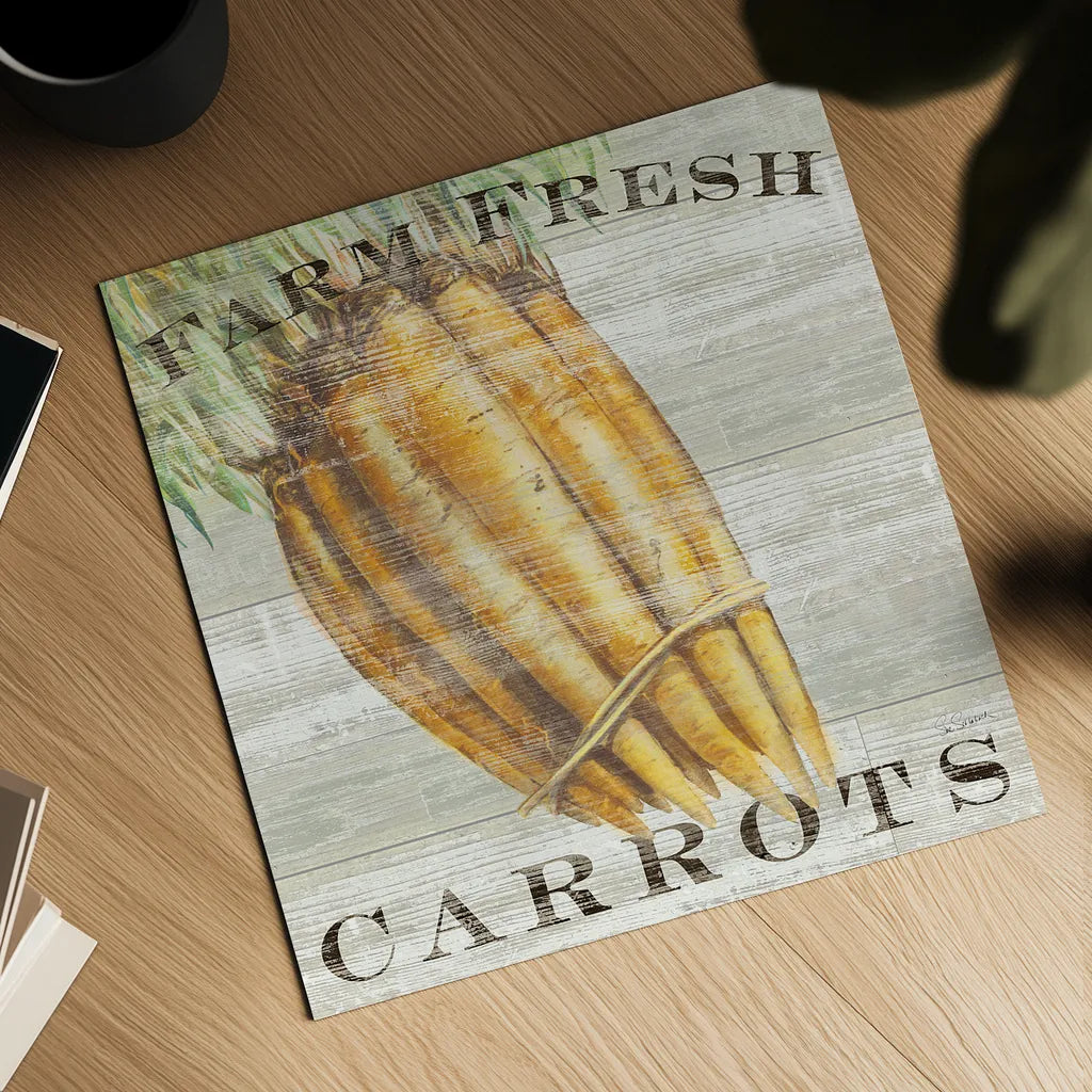 Farm Fresh Carrots by Sue Schlabach. Shown as a detailed flat fine art print, highlighting archival giclee quality. Available as an archival giclee rolled canvas, fine art paper, or poster print. SKU 20840a.