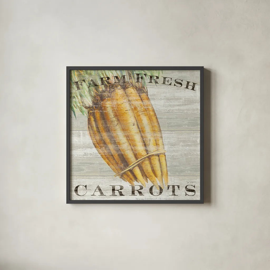 Farm Fresh Carrots by Sue Schlabach. Shown in a sleek black glass frame for a contemporary gallery look. Available as an archival giclee rolled canvas, fine art paper, or poster print. SKU 20840a.