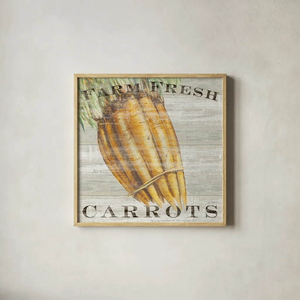 Farm Fresh Carrots by Sue Schlabach. Shown in a natural wood glass frame for a timeless modern aesthetic. Available as an archival giclee rolled canvas, fine art paper, or poster print. SKU 20840a.