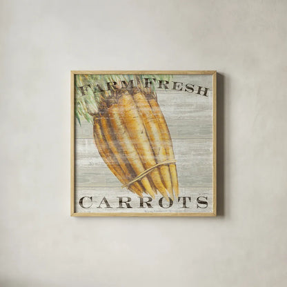 Farm Fresh Carrots by Sue Schlabach. Shown in a natural wood glass frame for a timeless modern aesthetic. Available as an archival giclee rolled canvas, fine art paper, or poster print. SKU 20840a.