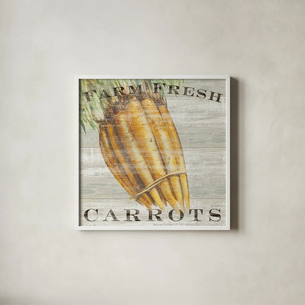 Farm Fresh Carrots by Sue Schlabach. Shown in a crisp white glass frame for a clean and minimalist style. Available as an archival giclee rolled canvas, fine art paper, or poster print. SKU 20840a.